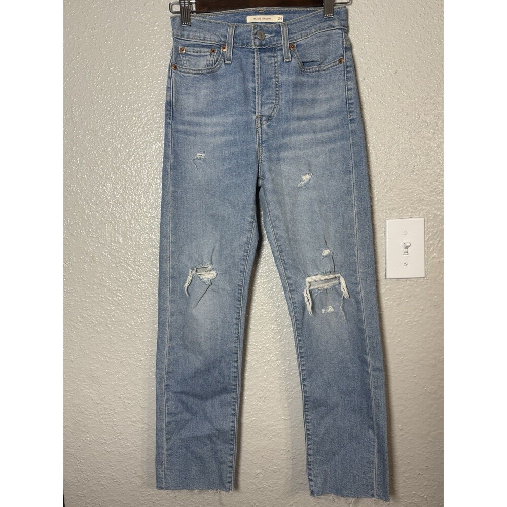 Levi's Women's Wedgie Straight Distressed Button-Fly Blue Jeans size 24
